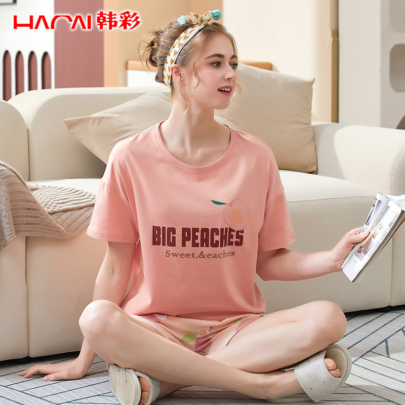 韩彩短袖女款睡衣夏季短裤套装印花圆领薄款纯棉家居服两件套