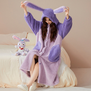 可爱少女新款浴袍浴衣睡衣女秋冬季睡袍长款加绒加厚法兰绒家居服