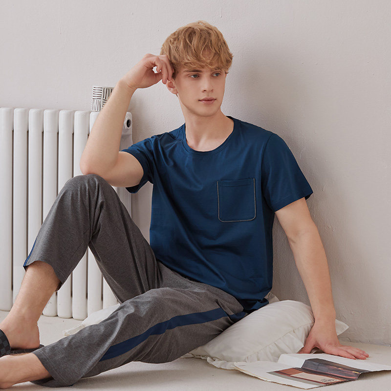 韩彩春夏季薄款青少年男士短袖长裤睡衣男款纯棉春秋季家居服套装