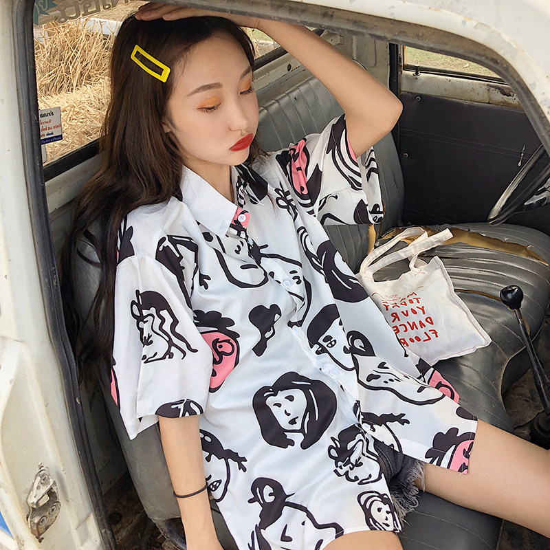 9新款夏季港味卡通翻领宽松短袖衬衫女装嘻哈休闲衬衣洋气上衣在类目 女装/女士精品, 衬衫中 - 来自Buy2taobao.com提供专业的淘宝代购服务