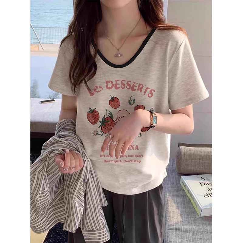 美式复古v领正肩短袖印花t恤女2025新款爆款夏季显瘦遮肚子上衣潮