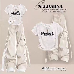 裤 12到13 两件套潮 T恤工装 初中学生少女甜酷短袖 15岁大童夏季 套装