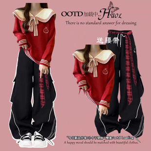 新年大童学院风海军领红色毛衣女蝴蝶结针织衫两件套学院制服风