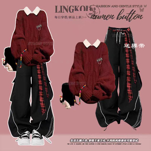 新年战袍大童学院风针织毛衣女冬季三件套ootd穿搭显瘦工装裤套装