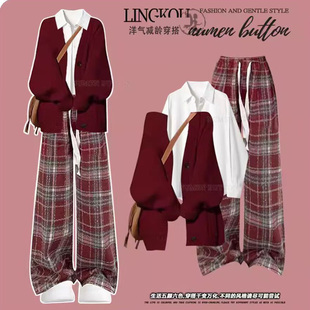 新年战袍女童12-20岁学院风针织开衫格子裤套装女秋冬宽松三件套