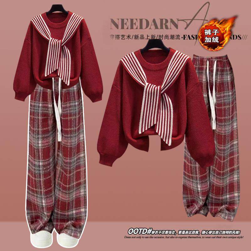 红色新年战袍少女大童毛衣套装秋冬2024新款针织上衣格子阔腿裤潮