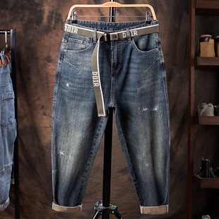 秋冬牛仔裤男美式休闲潮牌破洞锥形裤男大码宽松加绒加厚哈伦裤子