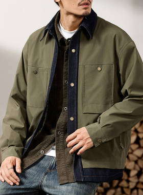 假两件男士大码夹克宽松工装外套青年学生胖子外穿军绿色加肥加大