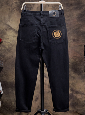 秋季宽松纯黑色刺绣牛仔裤男薄款大码潮流胖子加肥加大男直筒裤子