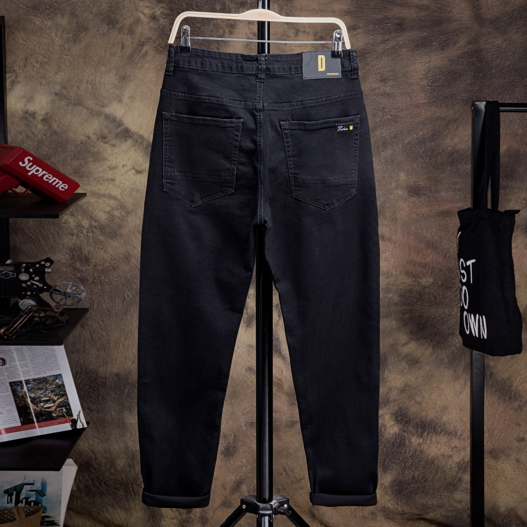 2022秋季宽松纯黑色牛仔裤男装大码高弹力胖子显瘦加肥加大长裤子