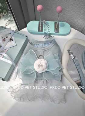 宠物猫咪狗狗春夏山茶花超仙蝴蝶结胸背带牵引公主纱裙小型犬衣服