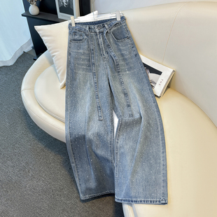 女士爆款满天星烫钻牛仔裤女春秋2026新款高腰直筒亮闪闪阔腿裤子