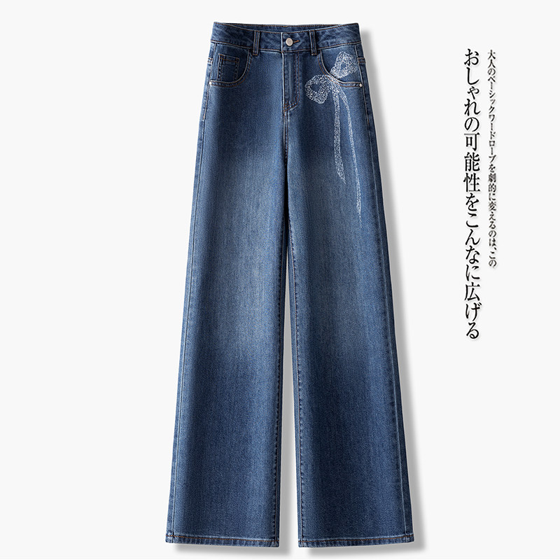 烫钻蝴蝶结阔腿牛仔裤女2026春季新款高腰宽松显瘦设计感直筒裤子