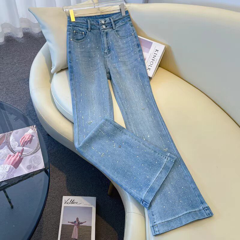 高端烫钻微喇牛仔裤女春秋2026新款修身直筒裤亮闪闪九分裤喇叭裤