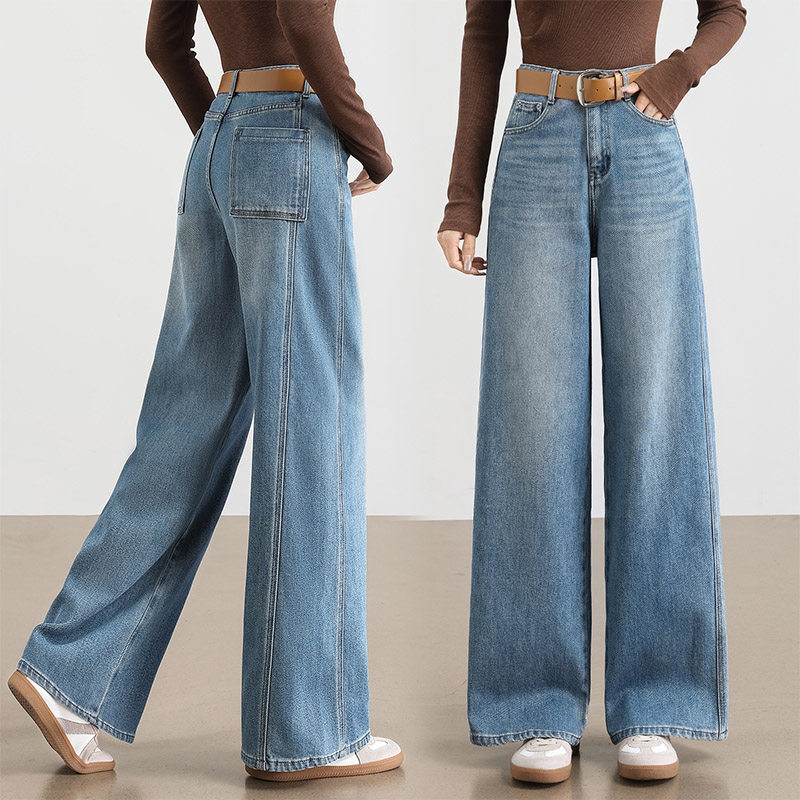 浅蓝色高腰牛仔裤女春季2026新款宽松显瘦垂感直筒长裤百搭阔腿裤