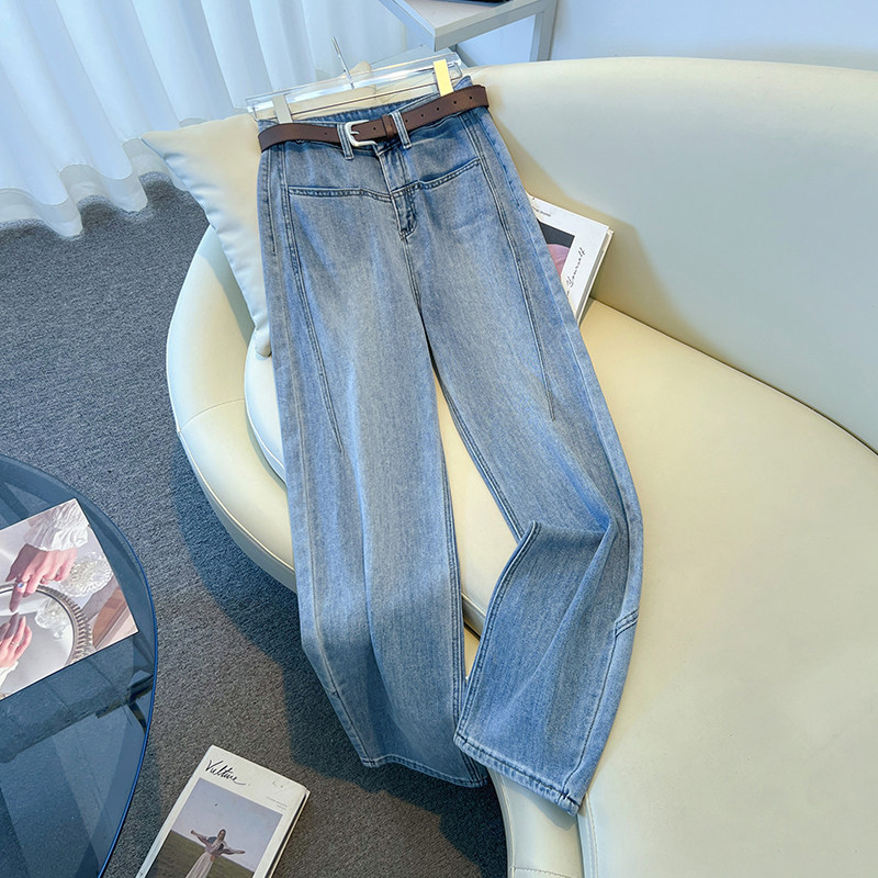 高腰浅蓝色弯刀牛仔裤女2026春季新款宽松阔腿裤显瘦休闲百搭长裤