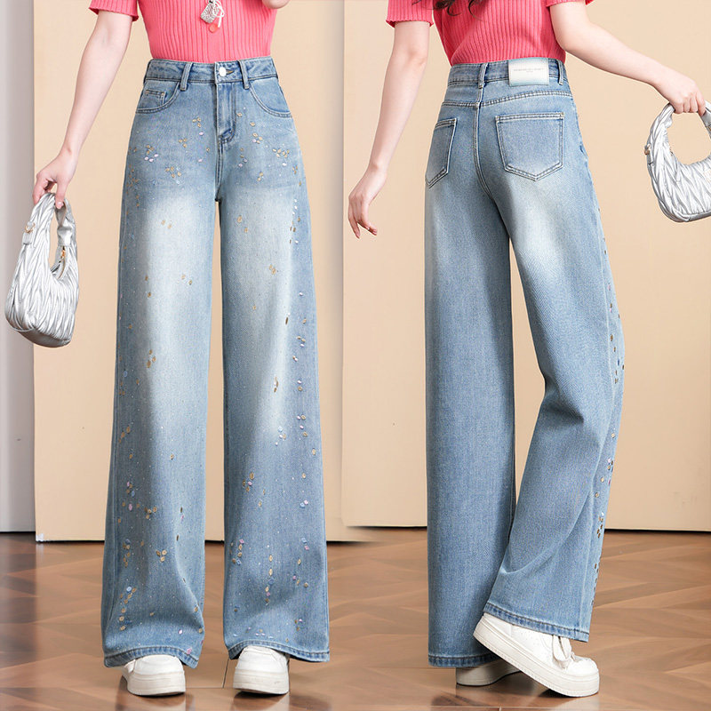 浅蓝色天丝刺绣阔腿牛仔裤女2026新款春季高腰绣花宽松显瘦直筒裤