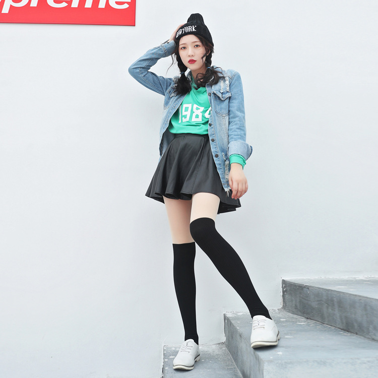 春秋日系JK黑肤色拼接丝袜女连裤袜防勾耐磨竖条平版假过膝天鹅绒