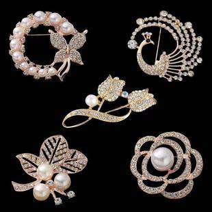 镶钻珍珠胸针防走光女西服高档复古水钻胸花优雅百搭气质别针时尚