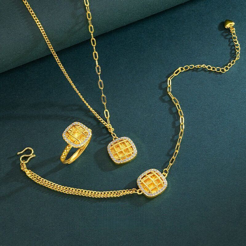 金店同款爆闪镶嵌钻边小方糖三件套项链手链戒指女士沙金仿真黄金