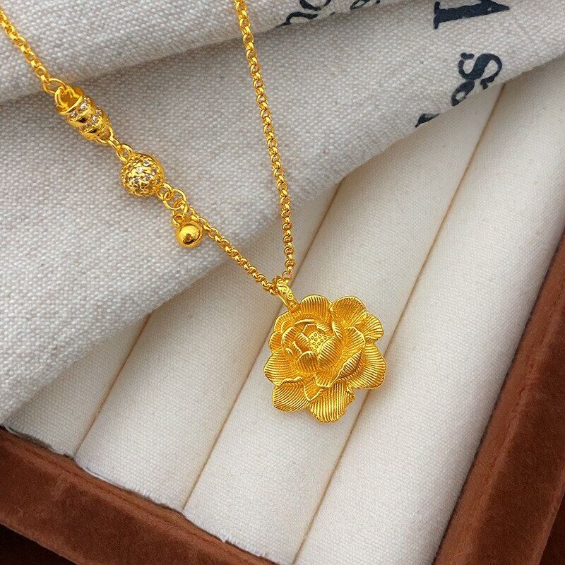 古法轻奢牡丹花套链女花开富贵项链越南沙金仿真黄金结婚三金首饰