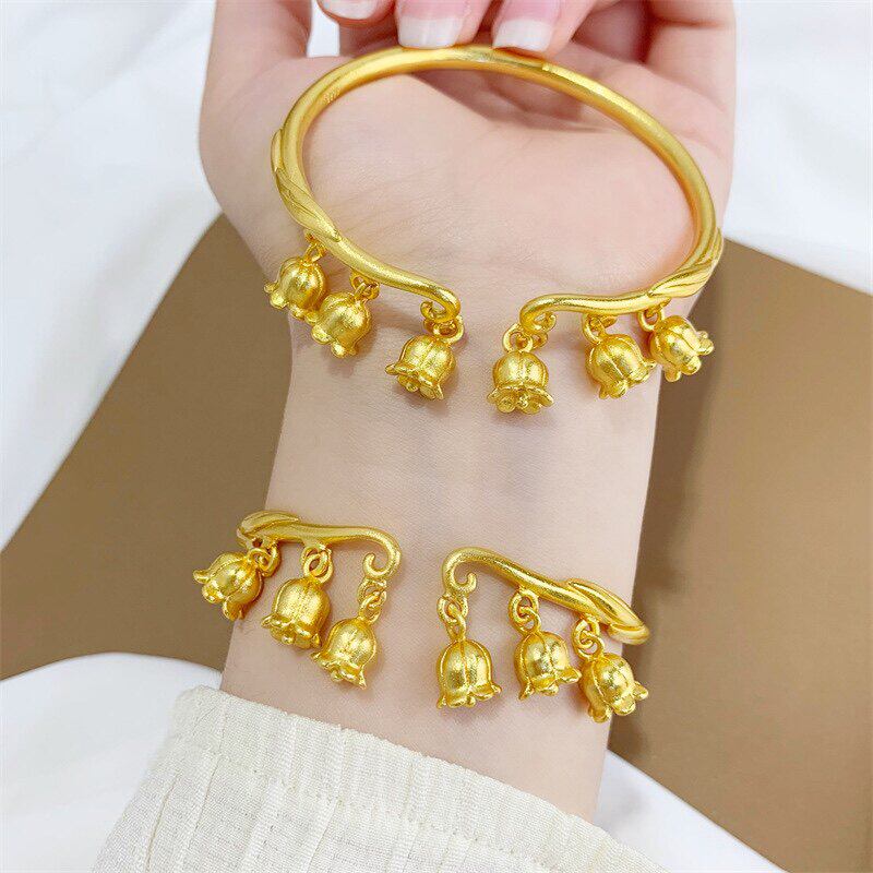 铃兰花开口手镯女轻奢小众精致越南沙金仿真黄金古法哑光实心正品