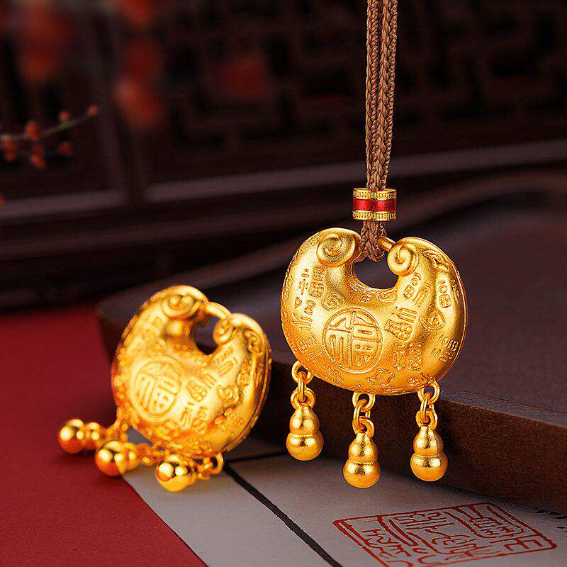 百福平安锁葫芦流苏吊坠编织绳项链女士沙金仿真黄金儿童宝宝同款