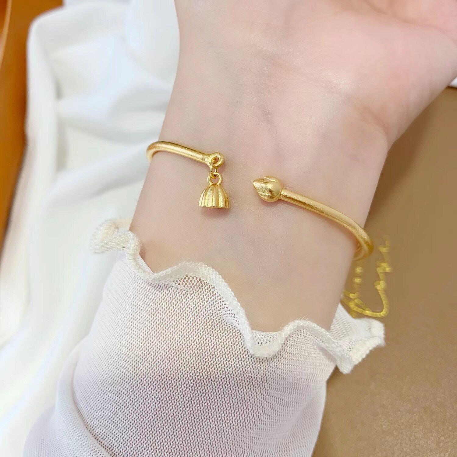 越南沙金古法两世欢莲蓬开口手镯女实心彷真黄金正品999手环首饰