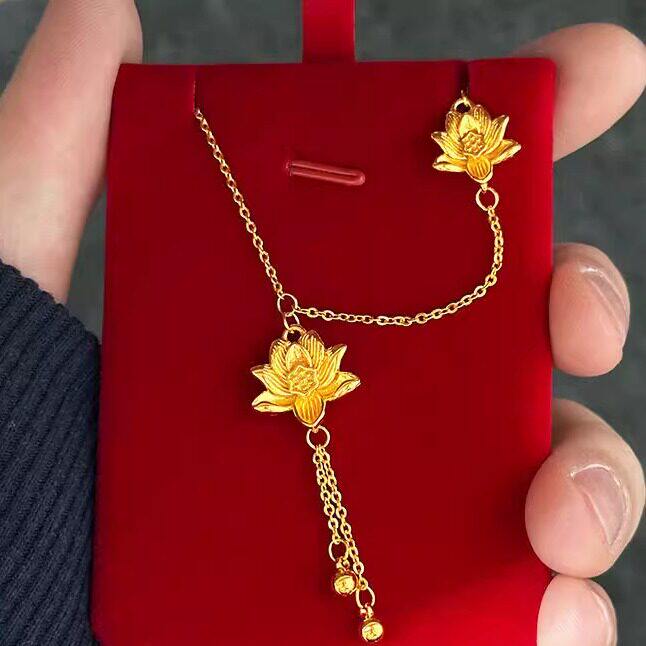 网红同款两世欢双莲花吊坠项链女越南沙金仿真黄金轻奢不掉色配饰