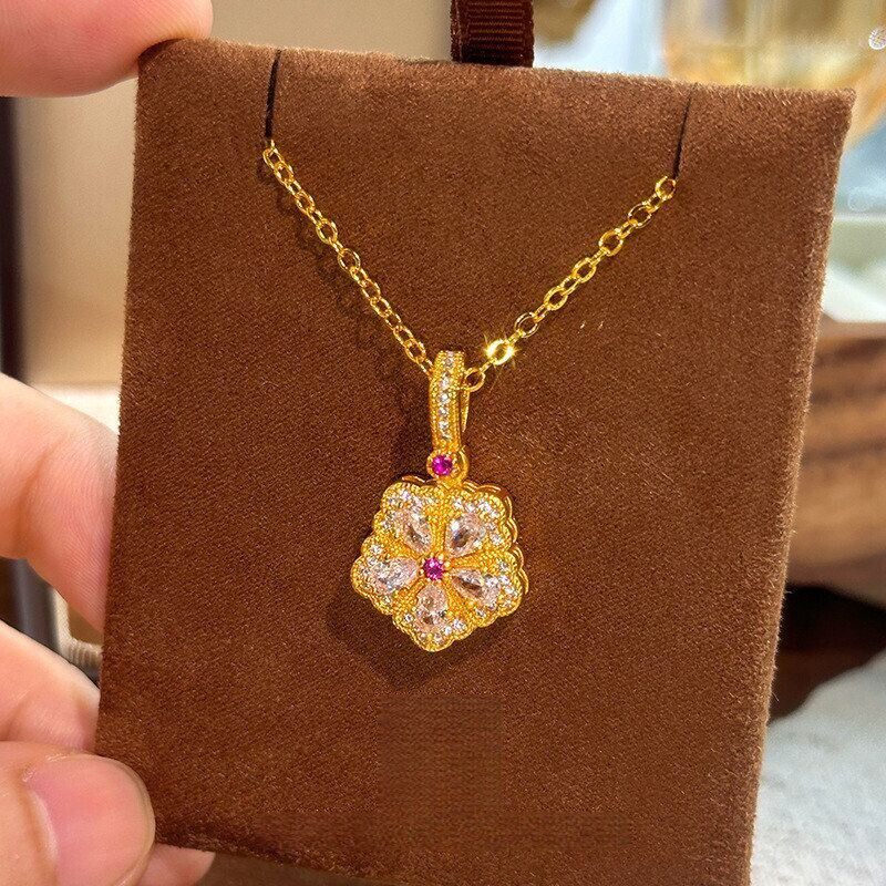 新款爆闪满钻五瓣花项链女越南沙金仿真黄金轻奢高级感不掉色配饰