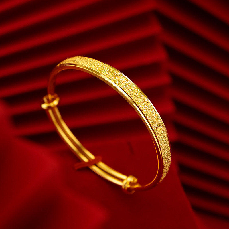 越南沙金手镯女实心不掉色24K仿真黄金推拉可调节磨砂镯子正品999