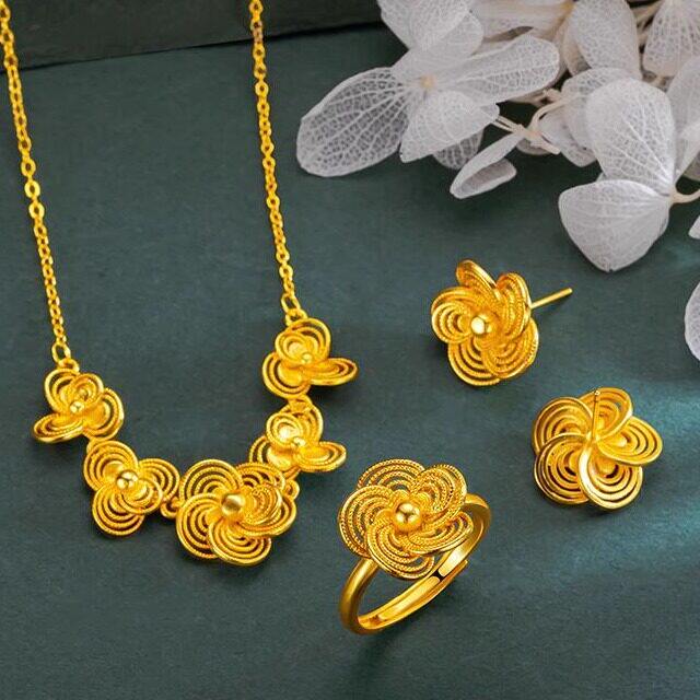 古法丝丝花韵三件套装女士项链戒指耳钉越南沙金仿真黄金独特配饰