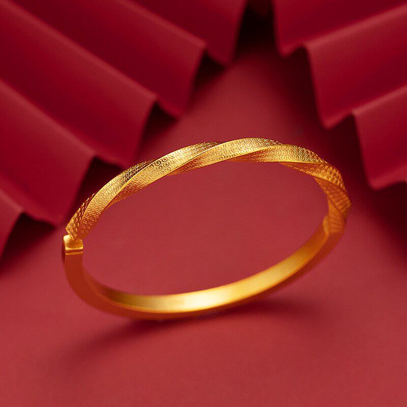 2025新款半纽纹方型开口手镯女小众越南沙金仿真黄金正品实心首饰