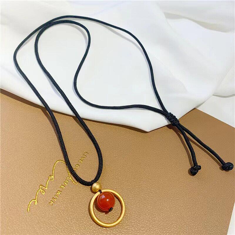 天然红玛瑙素圈戒指项链女编织绳轻奢小众网红越南沙金不掉色首饰