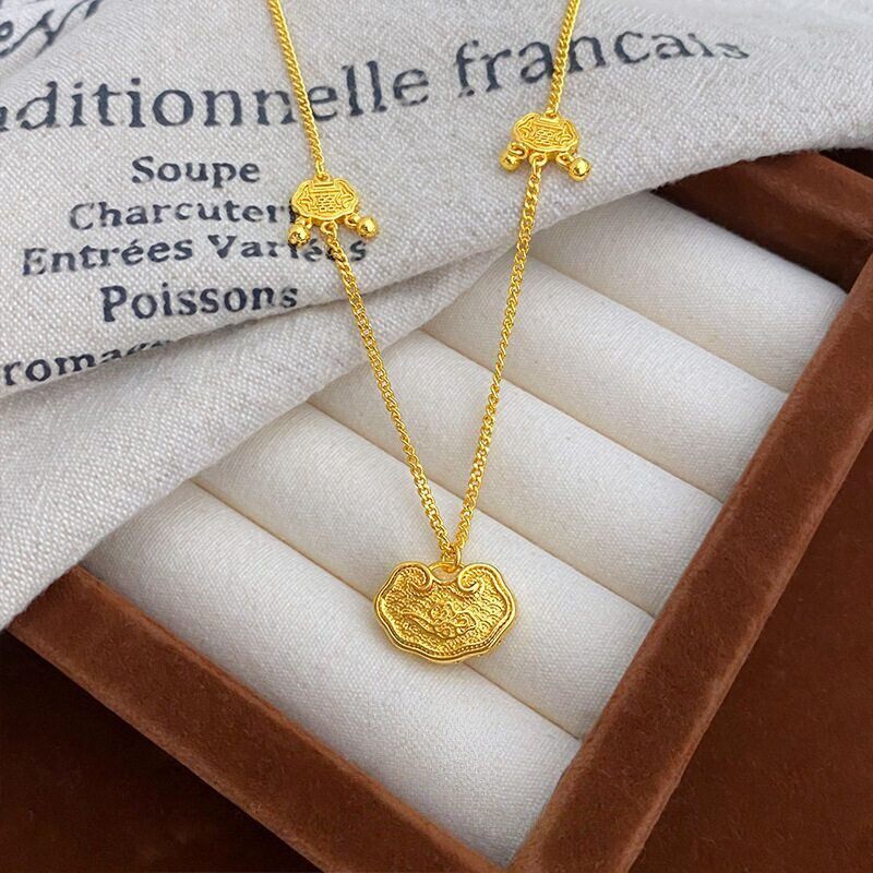 新中式国潮风双喜祥云长命锁项链女款越南沙金仿真黄金轻奢高级感