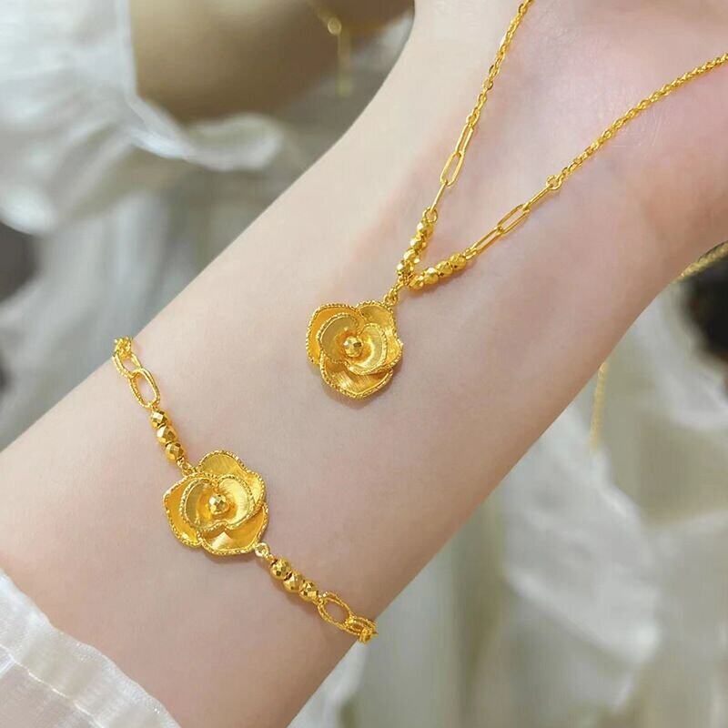 新款丝绸金玫瑰花手链项链女士两件套越南沙金仿真黄金转运珠配饰