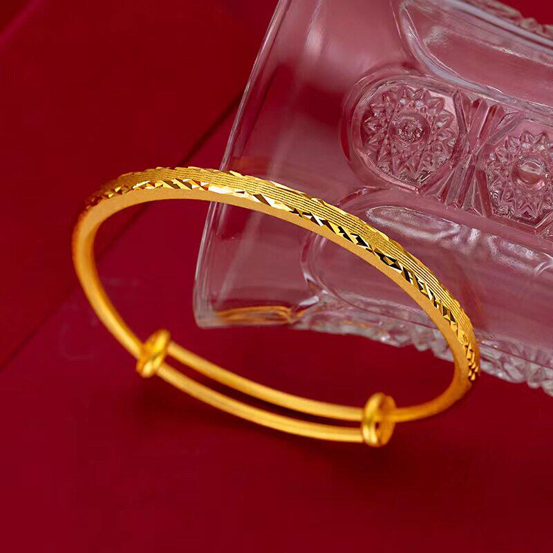 古法工艺车花推拉手镯女越南沙金仿真黄金色实心磨砂999不掉色潮