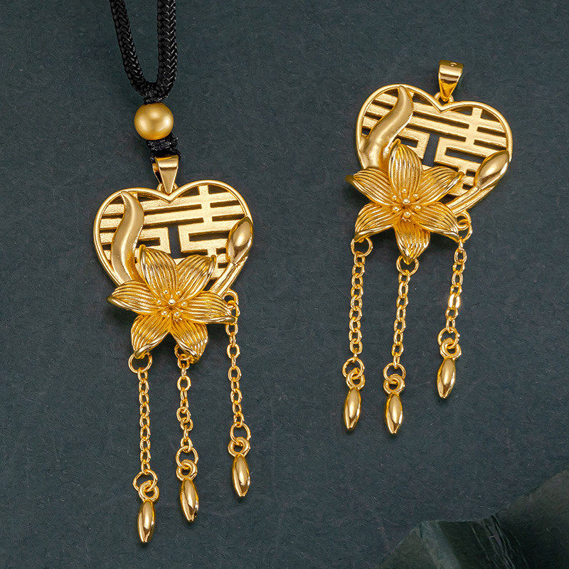 双喜花朵流苏单吊坠黑色编织绳项链女轻奢高级感越南沙金仿真黄金