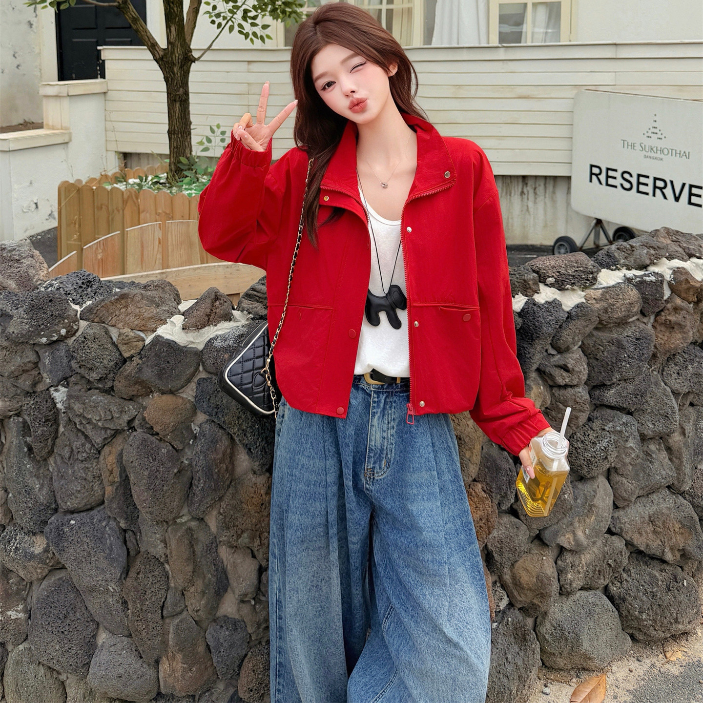 红色立领宽松显瘦短外套女秋夹克