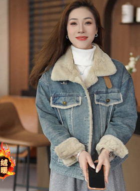 加绒加厚牛仔外套女冬季短款棉服