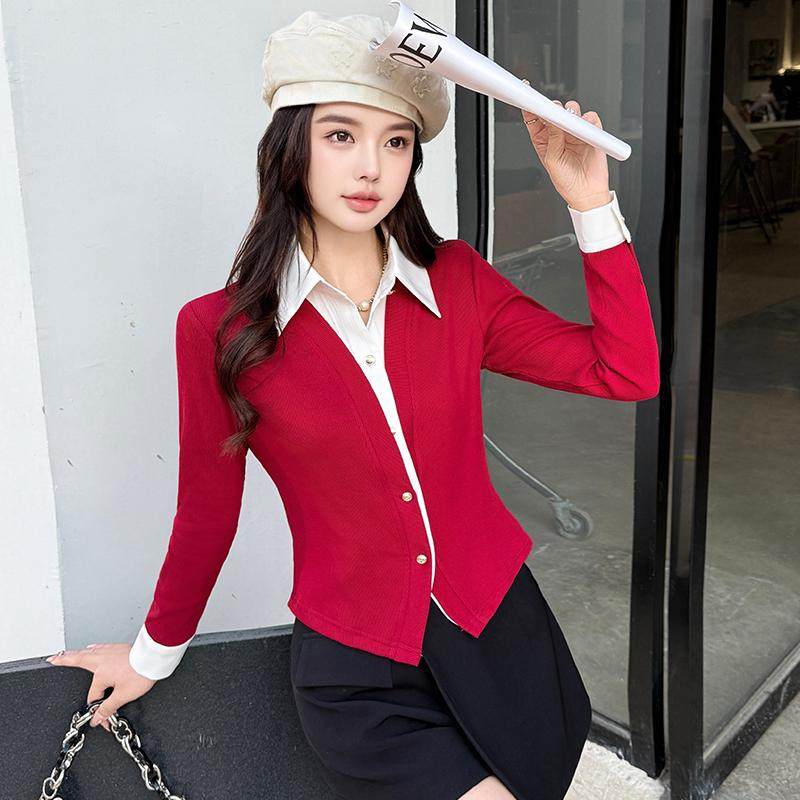 针织假两件衬衫女春装2025新款设计感衬衣领上衣长袖收腰显瘦小衫