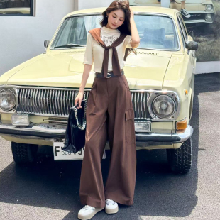 秋季一整套穿搭套装女士时尚减龄短袖T恤+工装阔腿裤外披三件套装