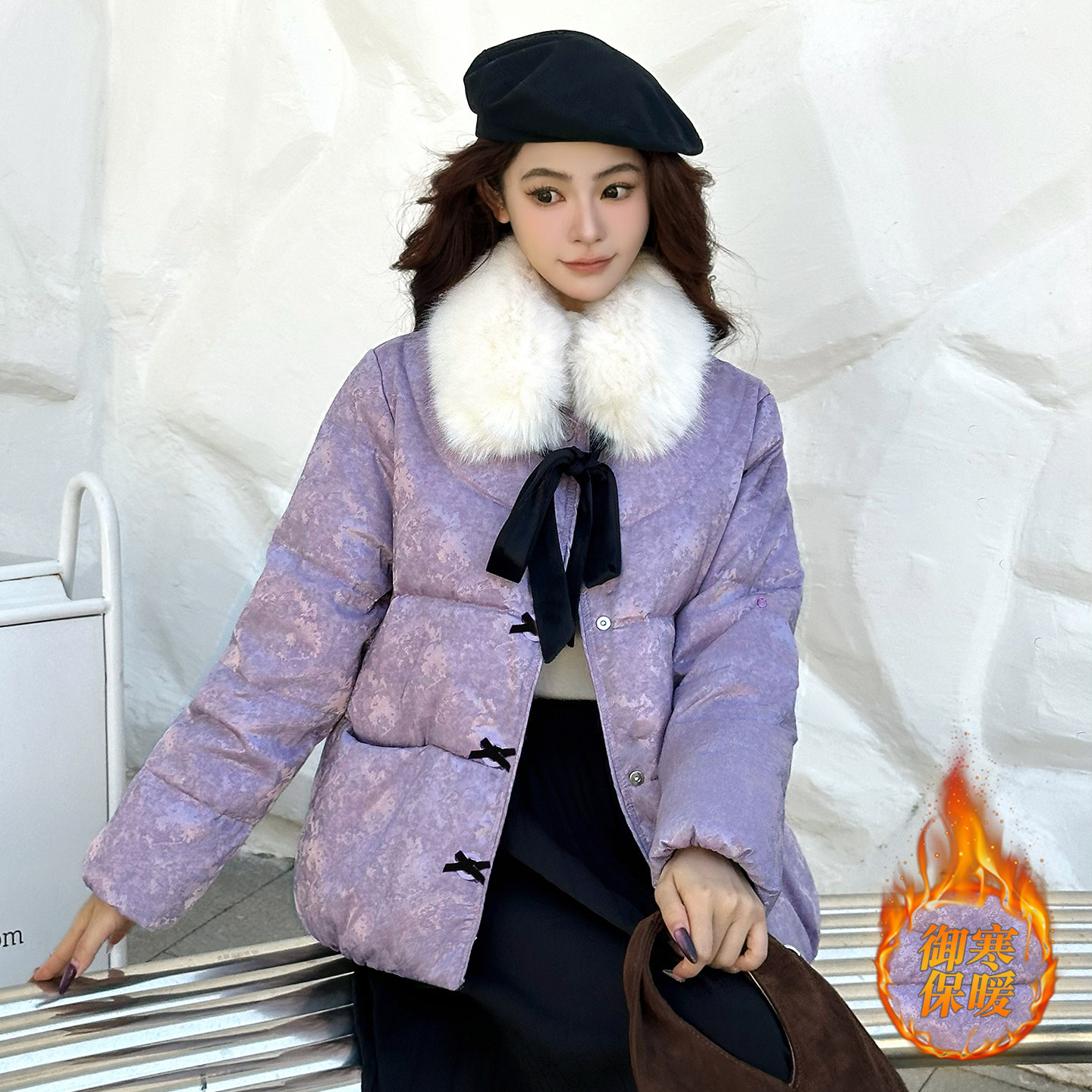 韩版紫色毛领棉服女冬季小个子蝴蝶结显瘦保暖宽松棉衣棉袄子外套