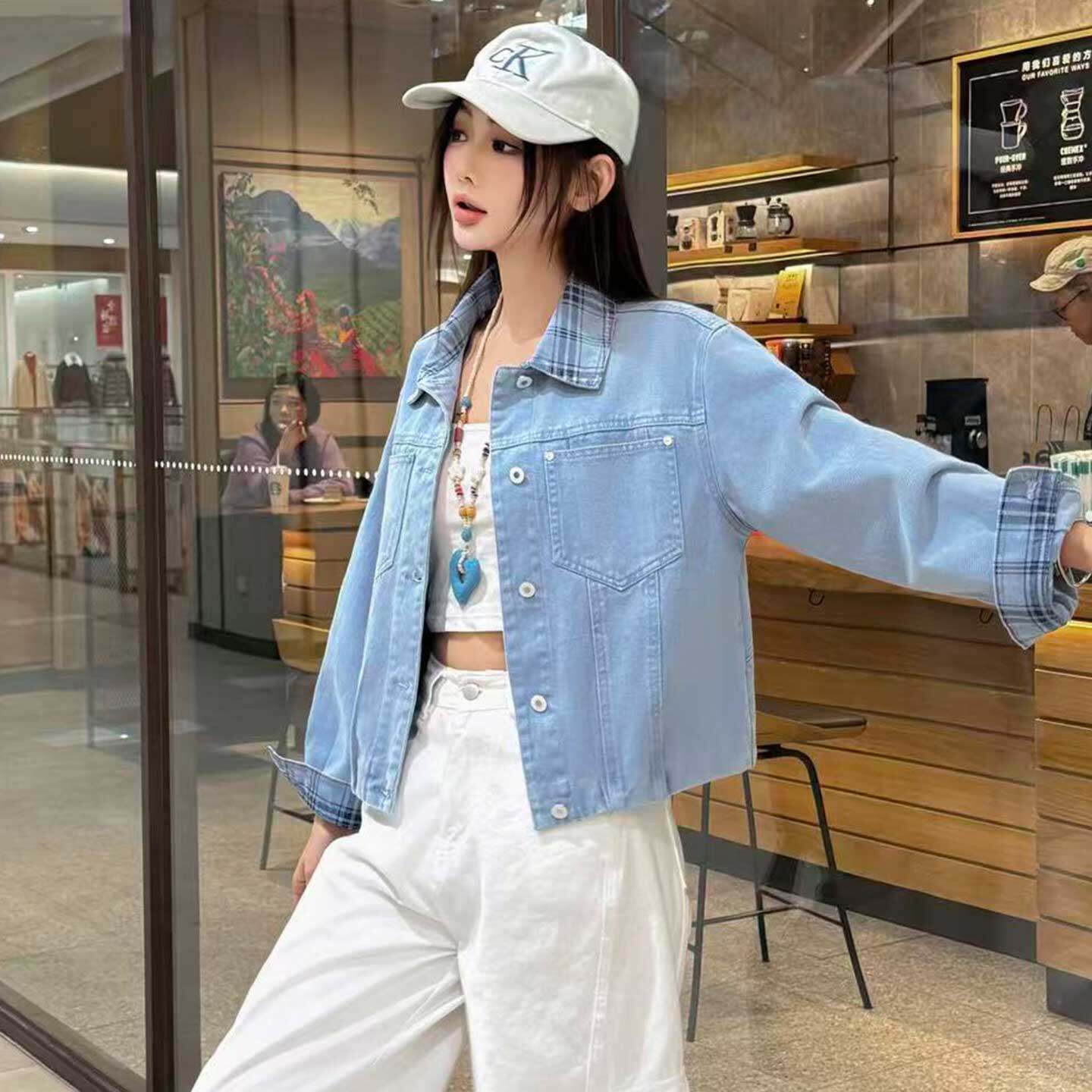 春季短款牛仔外套女格子拼接夹克
