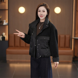 韩版立领短款羽绒服女冬装2025新款黑色毛呢拼接设计时尚保暖外套