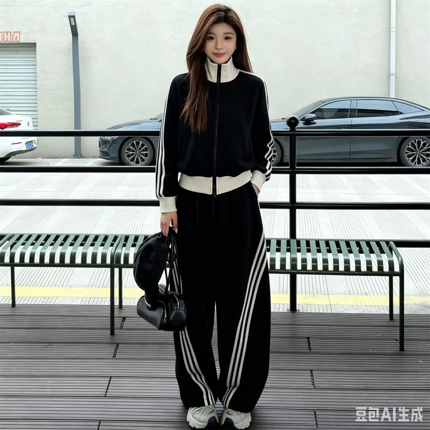 秋季黑白拼色立领显瘦运动套装女