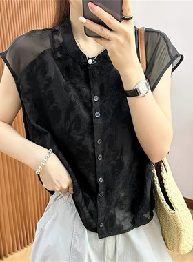 夏季新中式黑色网纱短袖娃娃衫女