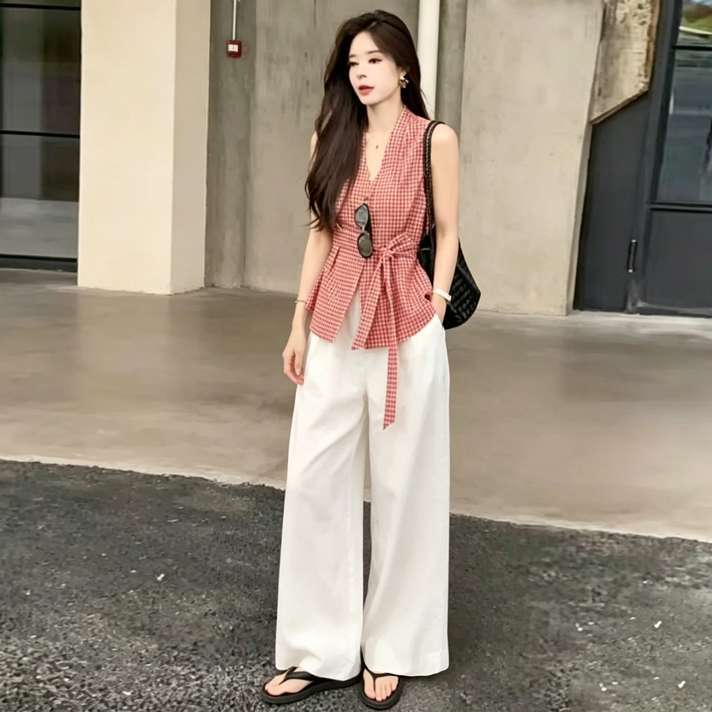 夏季港风格子无袖衬衫阔腿裤套装