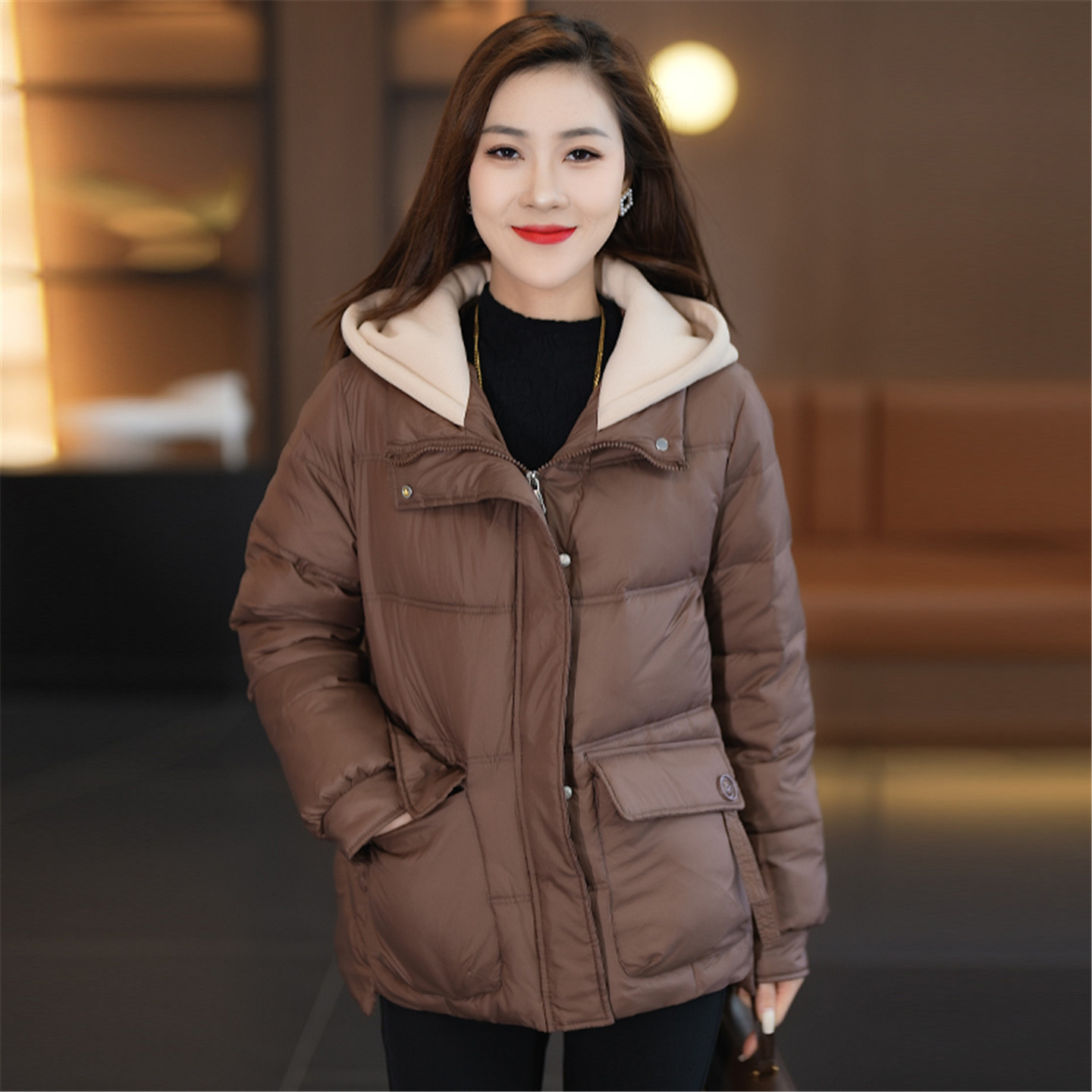 冬季大码女连帽加厚显瘦棉服外套