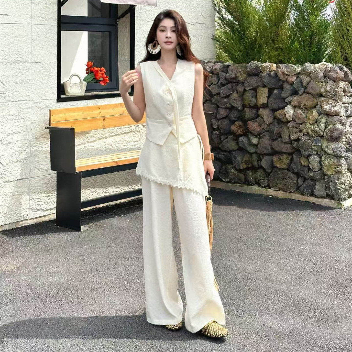 法式V领马甲阔腿裤两件套女夏季